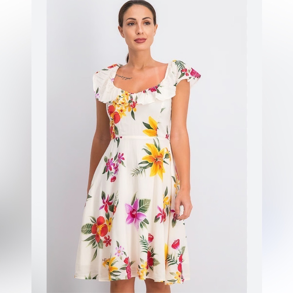 Fit & Flare Ruffle-Trim Cami Dress Tropical Florals & White Women’s Large NWT
